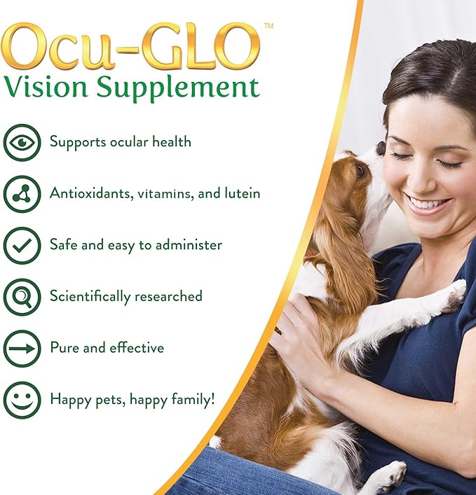 Ocu-GLO Cat & Dog Supplement for Eye Support - Chewable Vision Vitamins Supplements for Small and Medium Pets with Lutein, Omega-3 Fatty Acids, Grape Seed Extract & Antioxidants