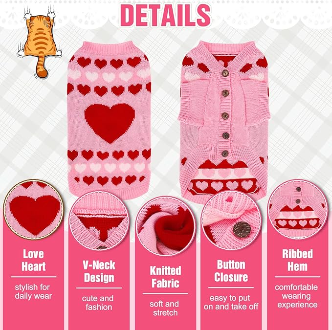 EXPAWLORER Cat Valentines Outfit Sweater Cardigan - Valentine's Day Knit Cat Clothes, Soft Puppy Sweater with Sleeve, Cute Warm Pet Clothing Knitwear, Kitten Coat for Girl Boy Cats, Love Heart S