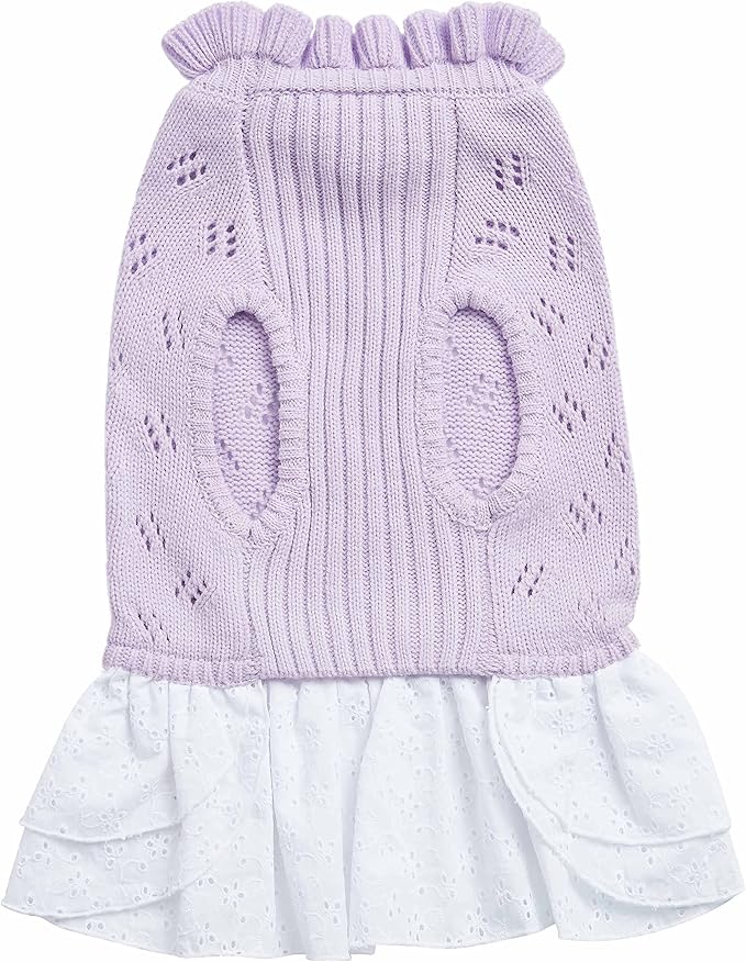 Blueberry Pet My Cutie Princess Ruffle Collar Dog Sweater Dress with Guipure Lace, Light Lavender, Back Length 16", Fall Winter Clothes for Girl Dogs