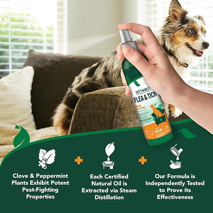 Vet's Best Natural Flea and Tick Spray for Dogs – Plant-Based Flea Repellent with Certified Essential Oils – Natural Pest Control and Prevention – Non-Toxic Formula for Home Use – 8 oz Bottle