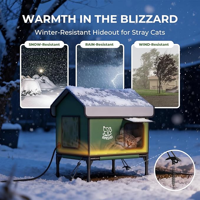 Apasiri Heated Cat House Weatherproof - Insulated Outdoor Cat Shelter with Thermostatic Heating Pad, Water Resistant 900D Oxford Feral Cat House with Anti-Peep Curtains Escape Door for Winter, Large