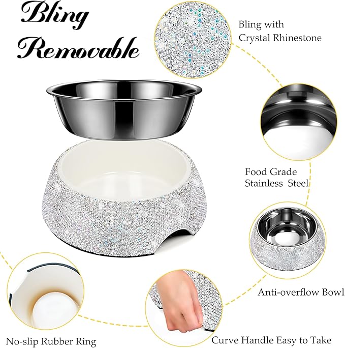 SlowVibes Bling Stainless Steel Dog Bowls,18oz Detachable Rhinestone Metal Food Water Bowl for Feeding Dogs Cats,Rust Resistant Non-Slip Puppy Dish,Sparkle Essentials for Small Medium Large Girl Pets
