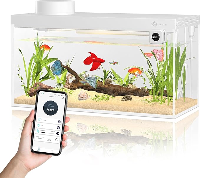 Smart Fish Tank Aquarium Kit with APP Control and Auto Feeder -1.5 Gal Fish Tank Multi-Layer Filtration System Silent Pump & UHD Glass -16 Million DIY Colors Includes Mini Magnetic Scrubber Scraper