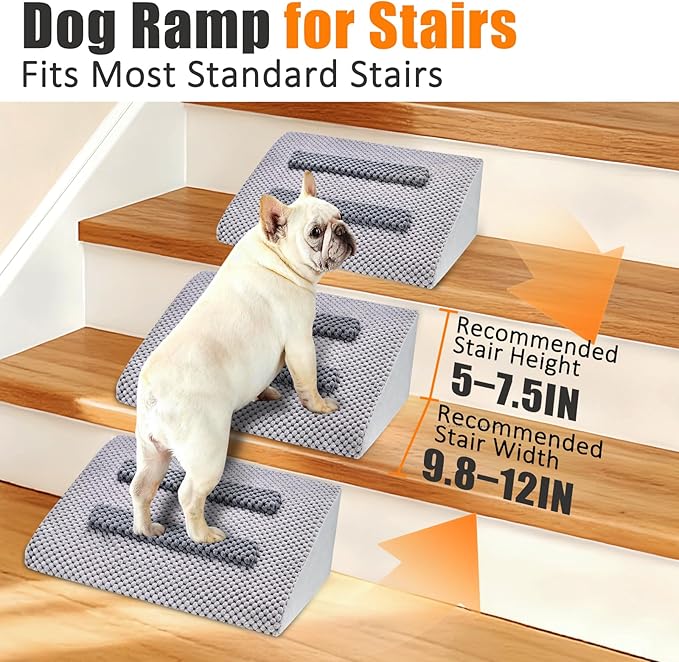 Dog Ramp for Stairs with Anti-Slip Bump for Small & Senior Dogs and Cats – Stair Wedges for Dogs with Gentle Slope, Pet Ramp with Washable Cover & Self-Sticky Pads for Safe Climbing (Gray, 3 Pack)