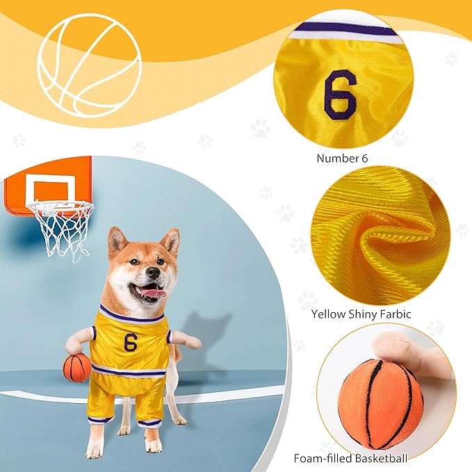 DELIFUR Dog Basketball Player Costume - Pet Halloween Costume Adjustable Funny Dress Up Sports Outfit Cosplay Clothes for Small Medium Dog (Yellow Basketball, Medium)