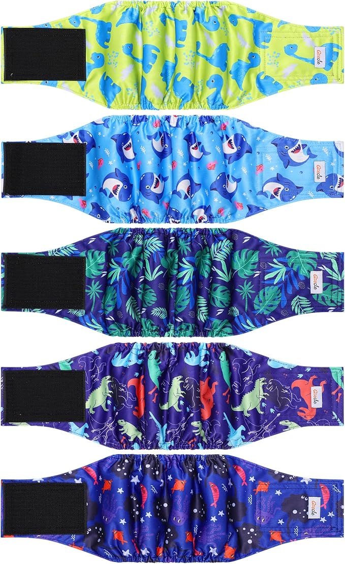 5 Pack Dog Diapers Male Reusable, Premium Belly Bands for Dogs, High Absorbing Male Dog Pee Wraps for Doggie in Incontinence or Excitable Urination Dinosaur S