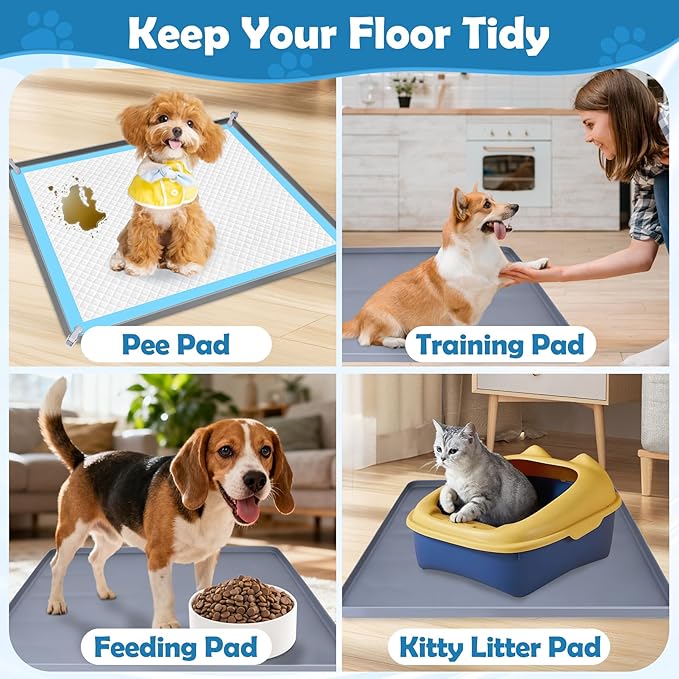 Dog Pee Pad Holder, Dog Potty Tray Silicone Puppy Pad Holder Tray Fits for 24" x 24" Training Pads, Puppy Potty Tray With 4 Clamps No Spill Raised Lip High Edge for Indoor Floor Protection (Dark Grey)