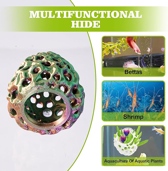 Shrimp Dome Hide, Shrimp Hides for Aquarium, Betta Fish Hideout with Suction Cup, Betta Habitat Tank Ornament Accessories, Aquarium Decor for Small Fish Guppy Hiding Resting (Green Purple)
