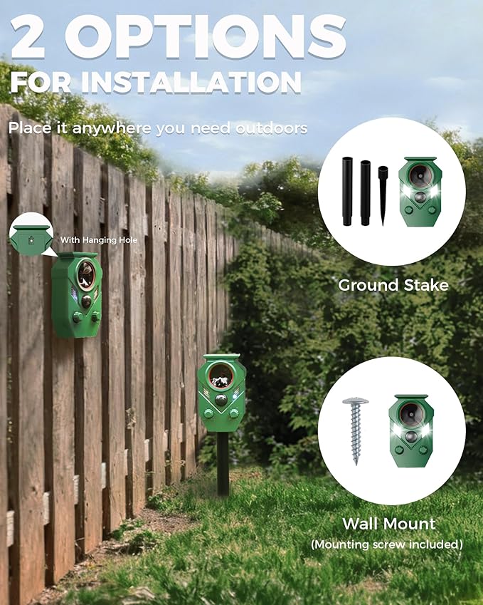 Solar Animal Repellent Outdoor, Ultrasonic Cat Repellent Outdoor, IP65 Waterproof Deer Repellent Deterrent Squirrel Racoon Skunk Rabbit, Dog Repellent for Yard Garden Lawn (2 Pack)