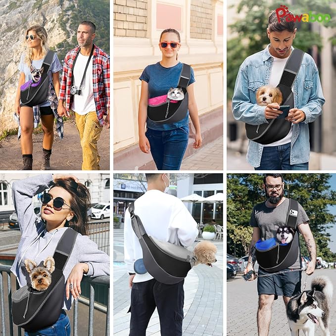 Pawaboo Dog Sling Carrier, Hand Free Breathable Mesh Bag for Puppy Cat, Drawstring Dog Papoose with Adjustable Strap and Pocket, Crossbody Satchel Dogs Purse for Outdoor Travel, M, Indigo