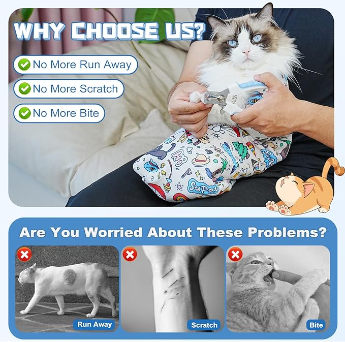 Supet Cat Grooming Wrap for Cutting Nails, 2026 Self-Adherent Cat Wrap, Anti-Escape Calming Cat Swaddle Wrap for Medicine, Nail Clipping, Teeth Brushing, Ear Cleaning (Cartoon, L)
