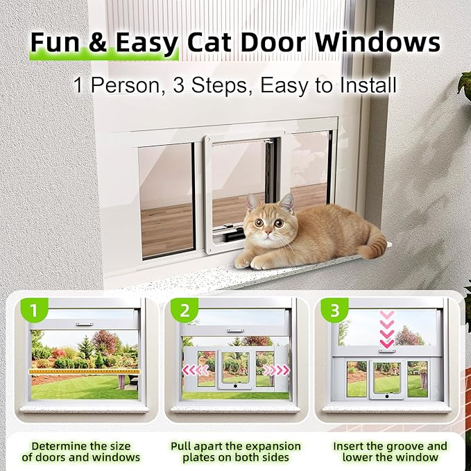 Cat Door for Window, Aluminum Cat Door Window Insert with 4 Secure Lock Modes, Magnectic Closure for Cats, Fit Window Width 24"-28", White