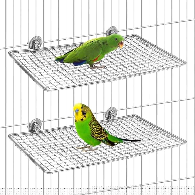 BNOSDM 2 Pack Bird Perch Platform Stainless Steel Birds Perches Parrot Shelf Training Stand Small Animals Cage Accessories for Parakeets, Budgies, Conures, Cockatiels, Lovebirds (L)