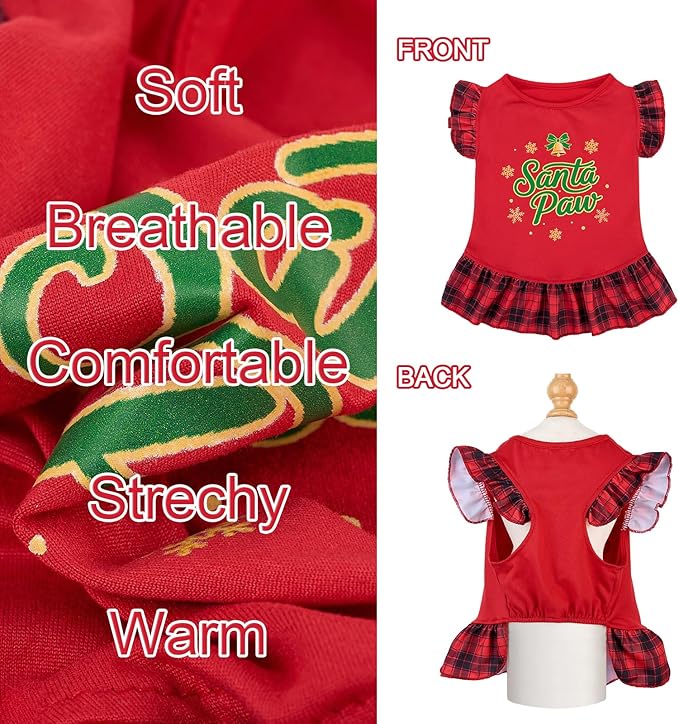 XPUDAC 4 Pack Christmas Dog Dress Plaid Puppy Clothes for Small Dogs Girl Cute Pet Outfit Doggy Apparel Cat Holiday Party Costume, Red, Green, S