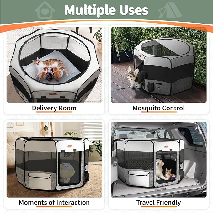 Puppy Playpen, 45" Portable Dog Playpen, Pet Playpen for Dogs Cats, Pop Up Playpen and Exercise Play Pen Dog Tent Indoor/ Outdoor, Removable Shade Cover