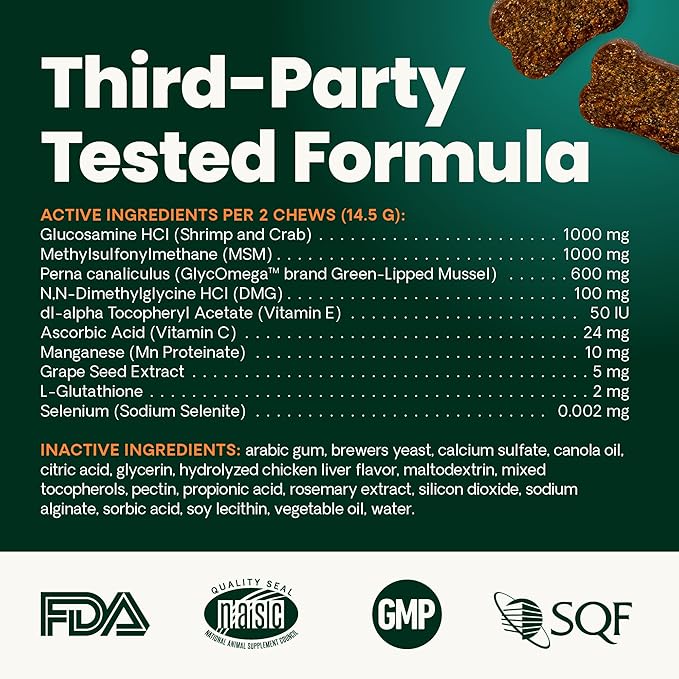VetriScience Extra Strength Healthy Hip & Joint Chews, GlycoFlex Glucosamine and Green-Lipped Mussel Joint Support Supplement for Dogs, Chicken, 60 Count (Pack of 2)