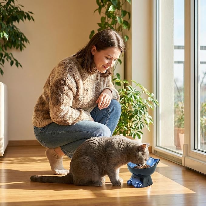 Nihow Slanted Elevated Cat Bowls: 5 Inch Ceramic Raised Cat Food Bowl for Protecting Pet's Spine - Microwave & Dishwasher Safe -Elegant Blue & Black (4.5 OZ /1 PC)