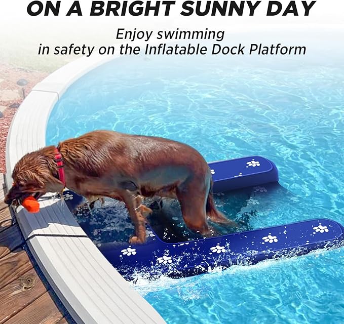Inflatable Dock Platform, Dog Boat Ramp Floating Non-Slip Oxford and PVC with Water Ramp for Dogs Pool, Dock, Lake with Traction Rope, Manual Air Inflation Pump Dark Blue (4.7ft x 3ft x 6in)