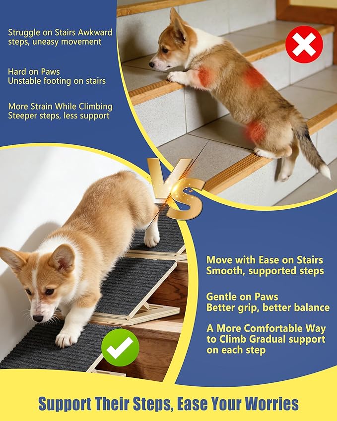 Pet Stair Ramp for Small Dogs, 4 Pack Foldable Wooden Dog Steps for Stairs, Anti-Slip Low-Angle Support for Senior, Short-Legged & Injured Pets
