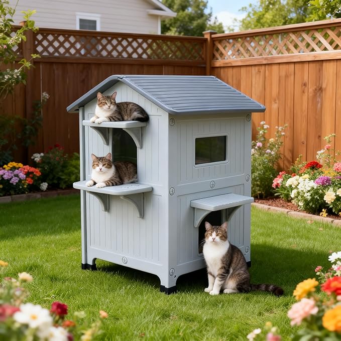 Weatherproof Outdoor Insulated Cat House for Feral Multi Cat, 2 Storey Plastic Elevated Cat Shelter with Escape Door, Easy Assemble, Expansive Interior‌ Grey 34" D x 21" W x 21.5" H