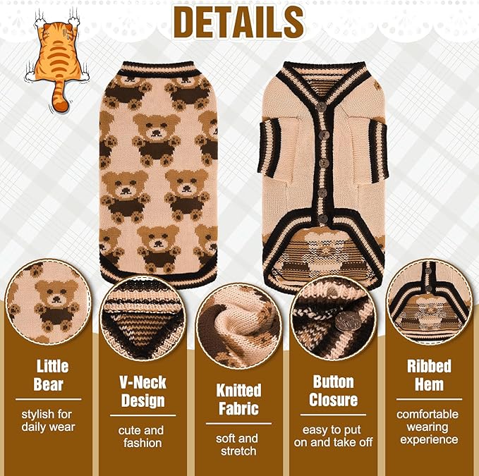 EXPAWLORER Cat Sweater Cardigan - Stylish Knit Cat Clothes, Soft Puppy Sweater with Sleeve, Cute Warm Pet Clothing Knitwear, Fall Winter Kitten Coat for Girl Boy Cats, Bear Large