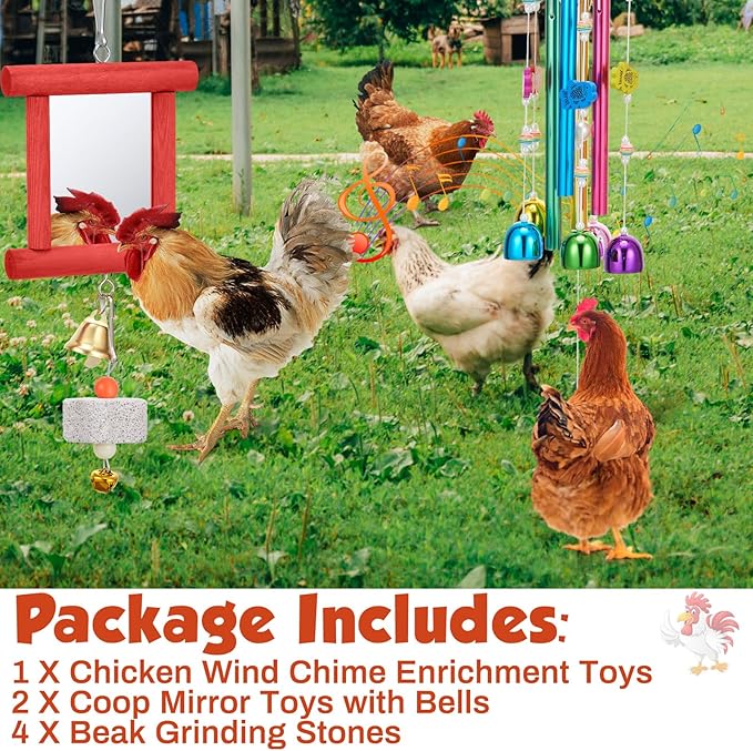 7 Pcs Chicken Toys, Hanging Chicken Wind Chime, 2 Pcs Coop Mirror Toys with Bells 4 Pack Beak Grinding Stones, Musical Coop Accessories for Hen Rooster Chick Poultry Bird(Rose Red, Blue)