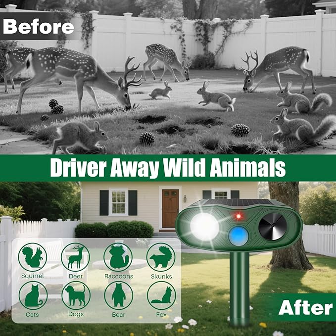 2 Pack Ultrasonic Animal Repellent Outdoor, Solar Deer Repellent Motion Sensor Cat Squirrel Rabbit Repeller, Waterproof Dog Raccoon Deterrent with LED Strobe Flash Lights