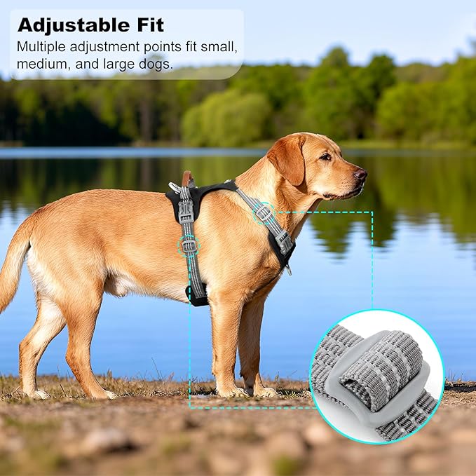 No Pull Dog Harness – Adjustable Reflective Nylon Vest for Small Medium Large Dogs, Escape Proof Training Harness with Leather Control Handle, Lightweight Aluminum Hardware (Black, L)
