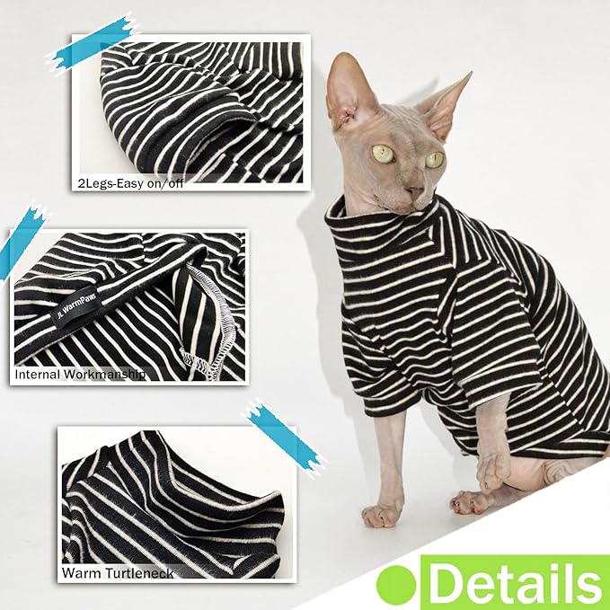 Sphynx Cat Sweater Hairless Cat Clothes Sweater Shirt Soft Warm Long Sleeves Pullover Pet Clothes Pajamas Dog Cloth for Small Dogs Jumpsuit Pet Sweaters (B&W Striped, Medium)