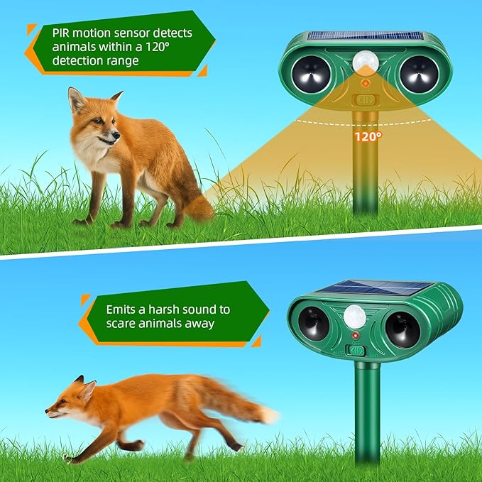 2 Pack Solar Ultrasonic Animal Repeller Outdoor with Motion Sensor Deer Repellent Devices for Squirrel Repellent Cat Rabbit Skunk Coyote Raccoon Repellent Outdoor Fox Deterrent for Yard