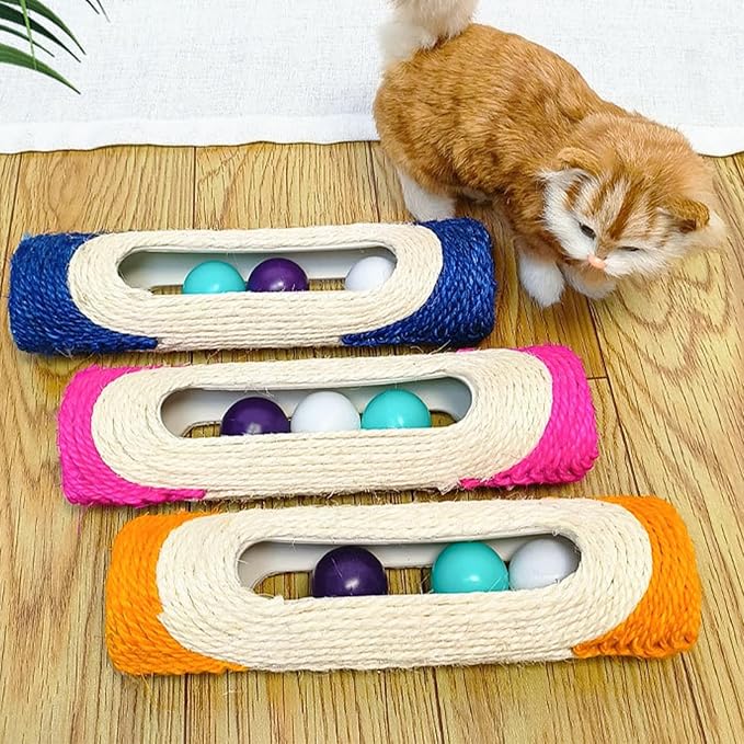 Cylindrical Scratching Board Sisal Cat Toys with 3 Pcs Ringing Balls 11 in Scratching Roller for Indoor Cats Playing (Rose Red)