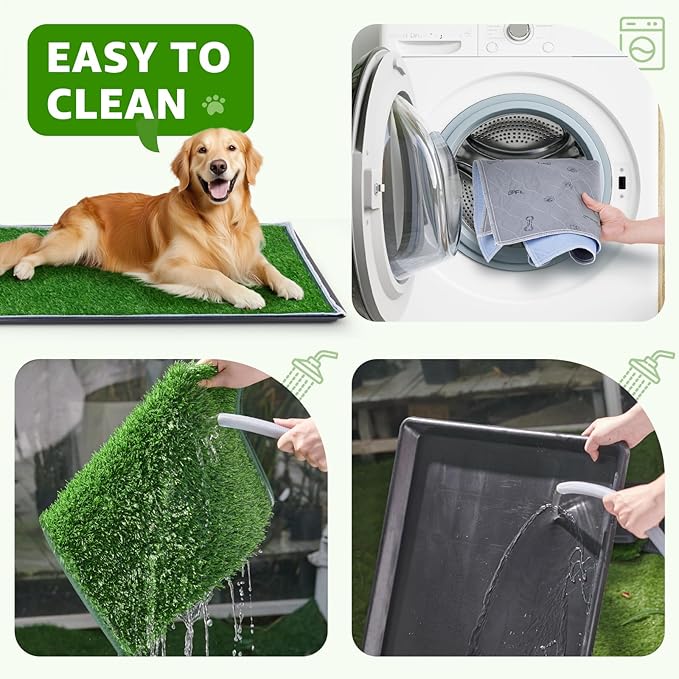 Dog Grass Pad with Tray - 41''x27'' Portable Dog Litter Box with 2 Pack Hemmed Edge Artificial Grass + 2 Washable Reusable Pee Pads, Indoor Outdoor Fake Grass Pad for Dogs Potty