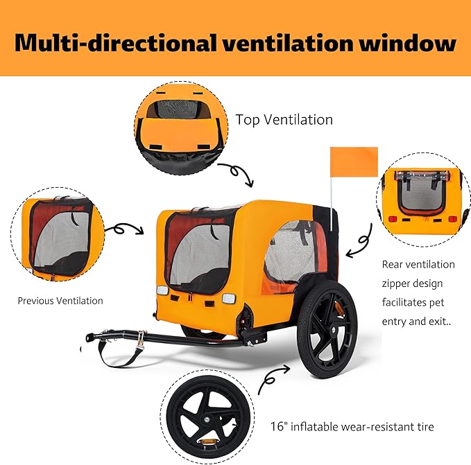 Heavy-Duty Dog Bike Trailer & Collapsible Pet Carrier for Bike with 16-Inch All-Terrain Wheels, Universal Hitch, Safety Flag & Weather-Resistant Design for Outdoor Adventures