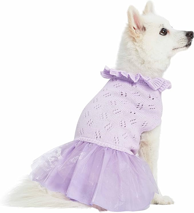 Blueberry Pet My Cutie Princess Ruffle Collar Dog Sweater Dress with Layered Tulle, Light Lavender, Back Length 10", Fall Winter Clothes for Girl Dogs
