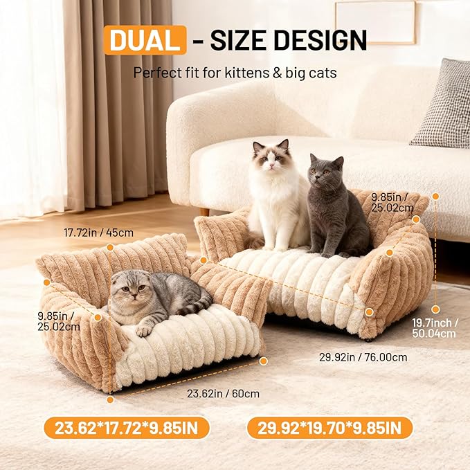 Cat Bed Couch Washable - Fluffy Supportive Pet Chair for Medium Indoor Cat - Large Cozy Dog Bed with Durable Fabric