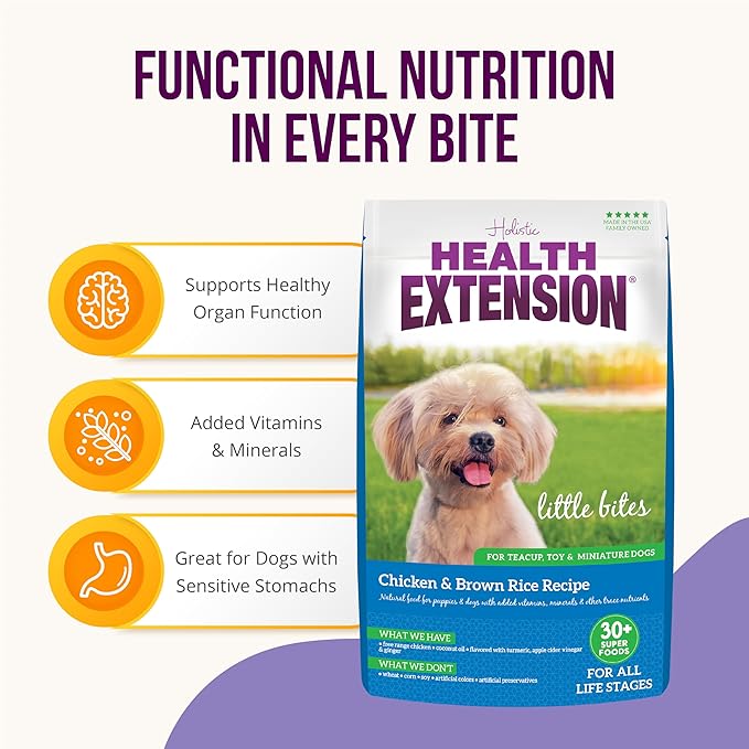 Health Extension Little Bites Dry Dog Food for Toy and Small Breeds, Chicken & Brown Rice Recipe, with Probiotics & Superfoods for Digestion & Coat Health, 1 lb Bag