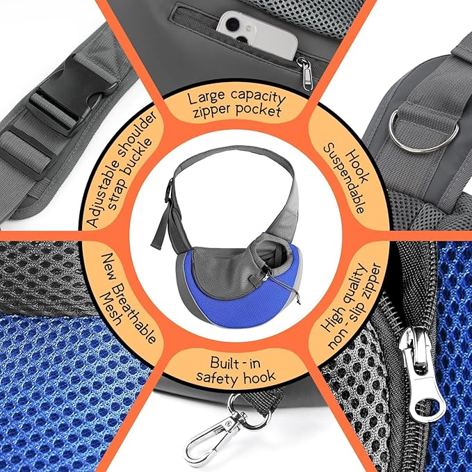YUDODO Pet Sling Carrier for 5-9 lbs Small Dogs & Cats – Hands-Free Puppy Carrier with Safety Hook, Large Zipper Pocket, Soft Breathable Mesh, Adjustable Strap & Reflective Strip (Blue 1.0 M)