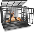 42 inch Heavy Duty Indestructible and Escape-Proof Dog Crate Cage Kennel for Large Dogs, High Anxiety Dog Crate with Removable Wire Trays and Wheels, Extra Large XL XXL, Black
