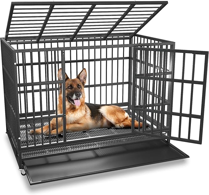 38 inch Heavy Duty Indestructible and Escape-Proof Dog Crate Cage Kennel for Large Dogs, High Anxiety Dog Crate with Removable Wire Trays and Wheels, Extra Large XL XXL, Black