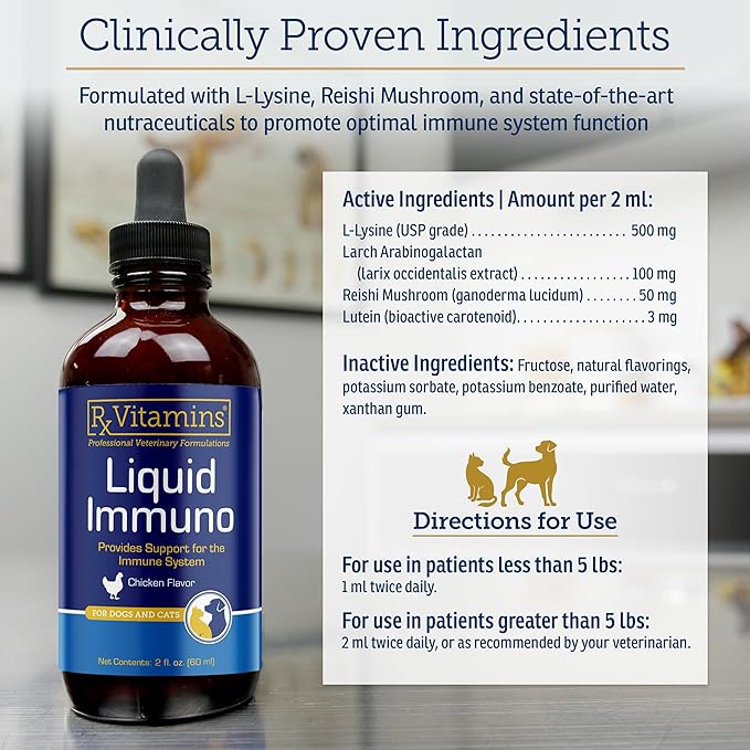 Rx Vitamins Liquid Immuno - with L-Lysine for Cats and Dog Health - Reishi Mushroom Supplement for Dogs & Cat Immune Support - Vitamins for Dogs and Dog Eye Supplements with Lutein - Chicken (2oz)