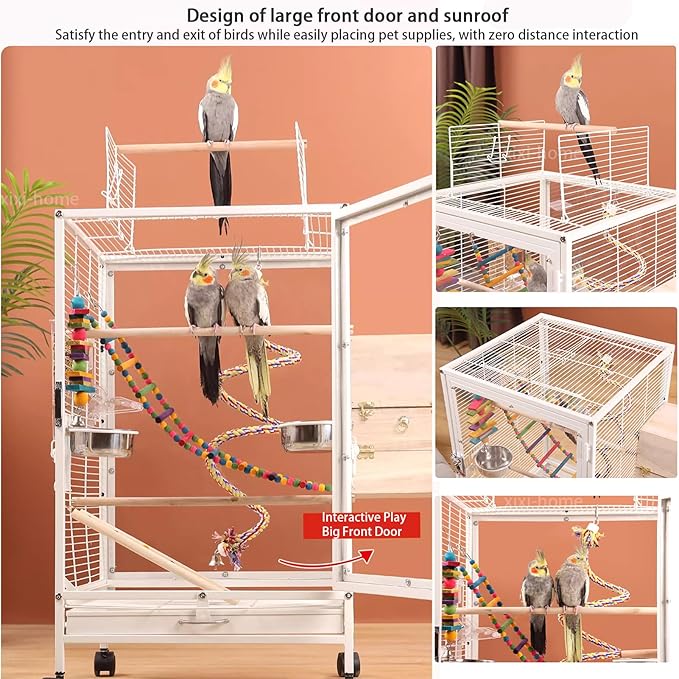 xixi-home Parrot Cage,Metal Bird Cage Ornamental Cage -with Play Top and Wheel,Large Birdcage Flight Cages for Outdoors for Parakeet,Lovebirds,Cockatiels(Type A - White)