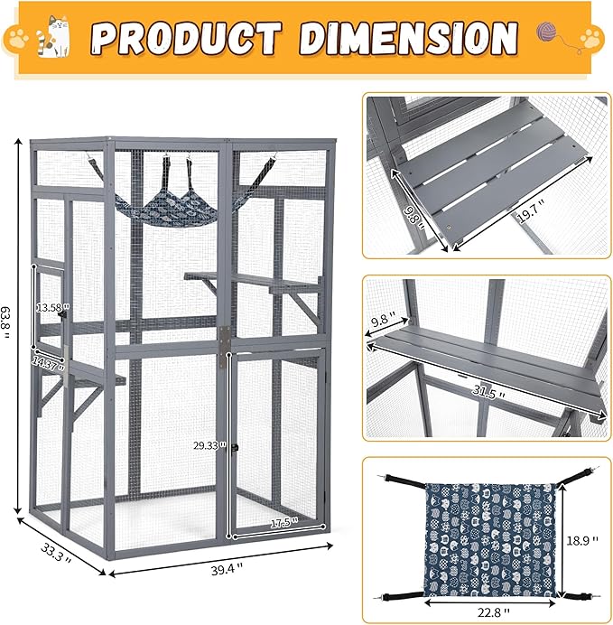 COZIWOW Upgraded Catio Outdoor Cat Enclosure Window Access, Wooden Cat House Shelter, Kitty Cage with Platforms & Hammock Patio Indoor (Gray)
