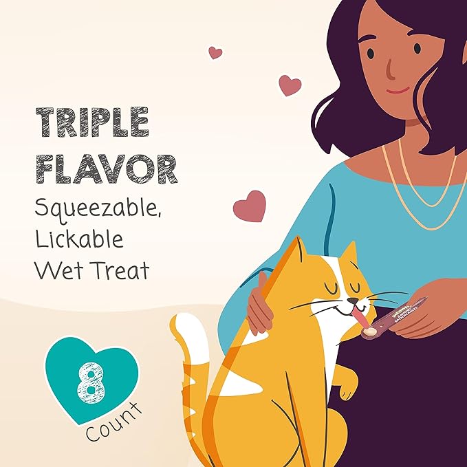 Savory Spoonables with Real Salmon, Tuna & Krill, 8 Count Tube, Triple Flavor Squeezable Lickable Wet Treats for Cats with Built-in Spoon for Less Mess