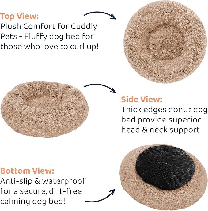 Donut Dog Bed - Premium Comfort for Anxiety Relief - Fluffy & Calming Design with Ultra-Plush Support | Cozy Round Dog Bed with Super Soft Circle Style (Camel, Small)