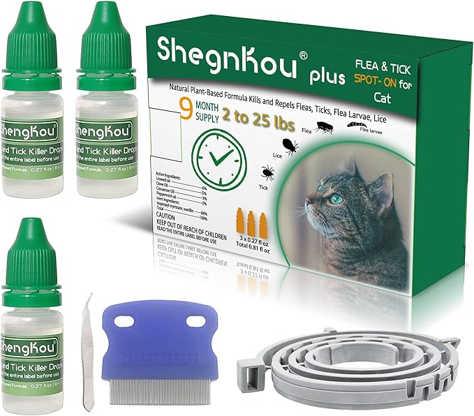 Natural Flea Treatment for Cats (2-25 lbs) | 9-Month Supply with Comb, Tick Tool & Repellent Collar, Vet-Reviewed Formula