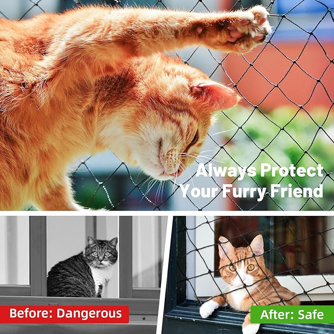 Lewondr Cat Netting Balcony, 10x20ft Steel Wire Reinforced Balcony Screen for Pets, Anti-Fall Pet Mesh Fence Cat Safety Net for Balcony, Window, Stair, Patio