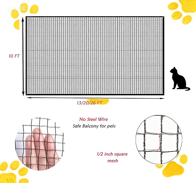 JUNFLYING Cat Netting Balcony 10x13 FT, Wire-Free Pet Protection Mesh for Fall Prevention, Heavy-Duty Catio Screen Barrier for Apartment, Window, Staircase, Terrace and Patio