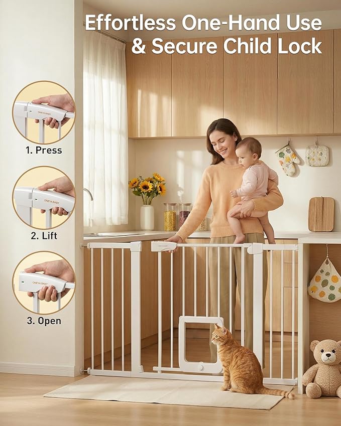 Baby Gate with Cat Door, 29.92-43.7 ” Wide Baby Gate for Stairs, Pressure Mounted Gate No Drill, Auto Close Dog Gate for Doorways, Easy Walk Through Safety Gates with Pet Door, Indoor, White