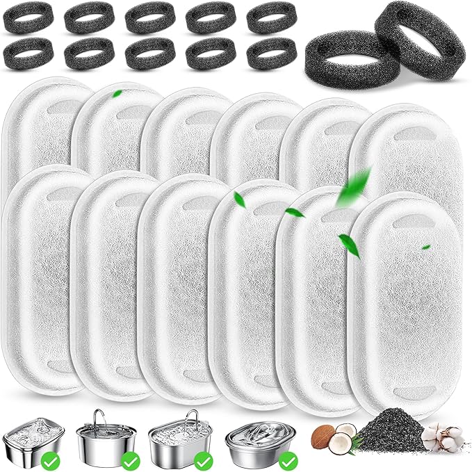 Cat Water Fountain Filter Replacement, 12 Pcs Cat Filters Pet Water Fountain Filter with 12 Pcs Sponges Foam for 67oz/2L & 108oz/3.2L Stainless Steel Automatic Cats Water Fountain Dispenser Filters