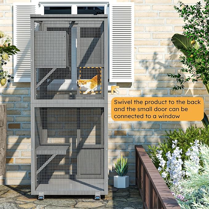 4 Tiers Catio Outdoor Cat Enclosure, Indoor Cat House with 4 Wheels, Cat Enclosure Window Access with Removable Floor, Upgraded Resting Box, Waterproof Roof, Wooden Indoor Pet Cage, Grey